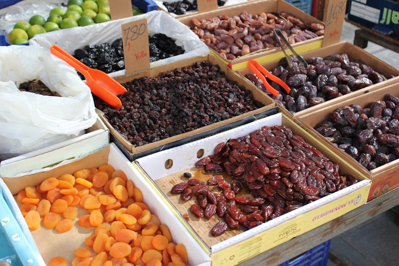 Boxes of fresh fruit at a wholesale market